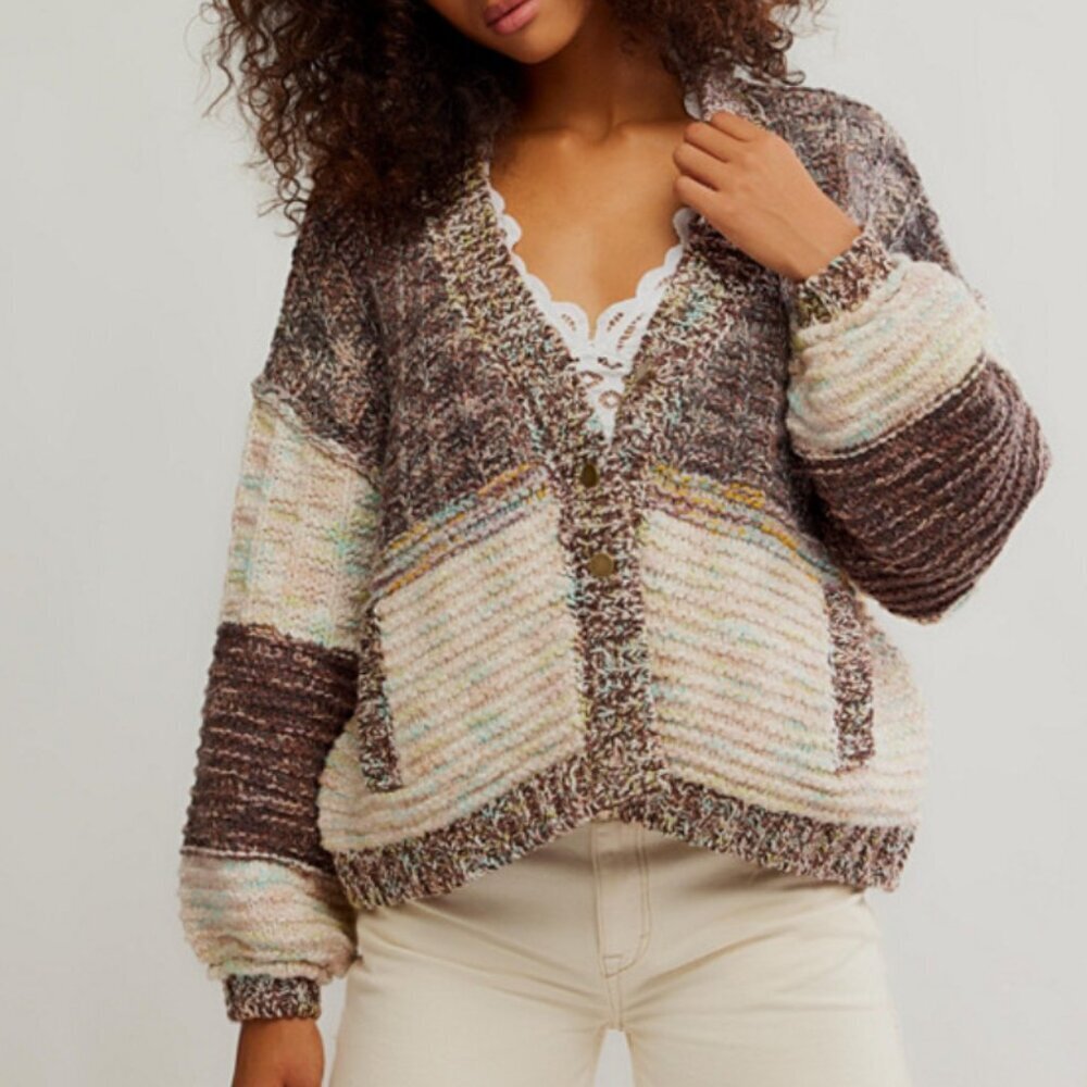 Free People Isabella Cardigan Chunky Knit Slouchy Brown Cream Patchwork M